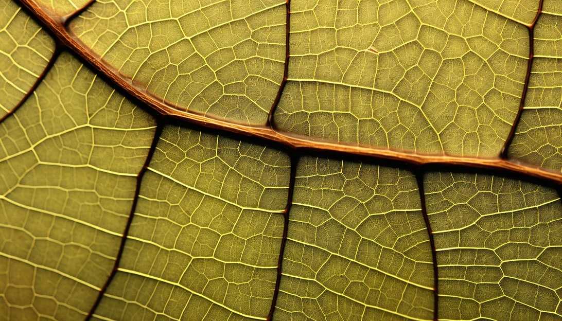 An up-close shot of a beech leaf affected by the invasive worm, displaying the characteristic striping pattern between veins. Taken with a macro lens on a mirrorless camera.