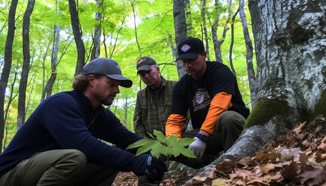 A group of Vermont forest health specialists examining a beech tree, deep in conversation as they discuss strategies to combat the spread of Beech Leaf Disease. Taken with a smartphone camera.