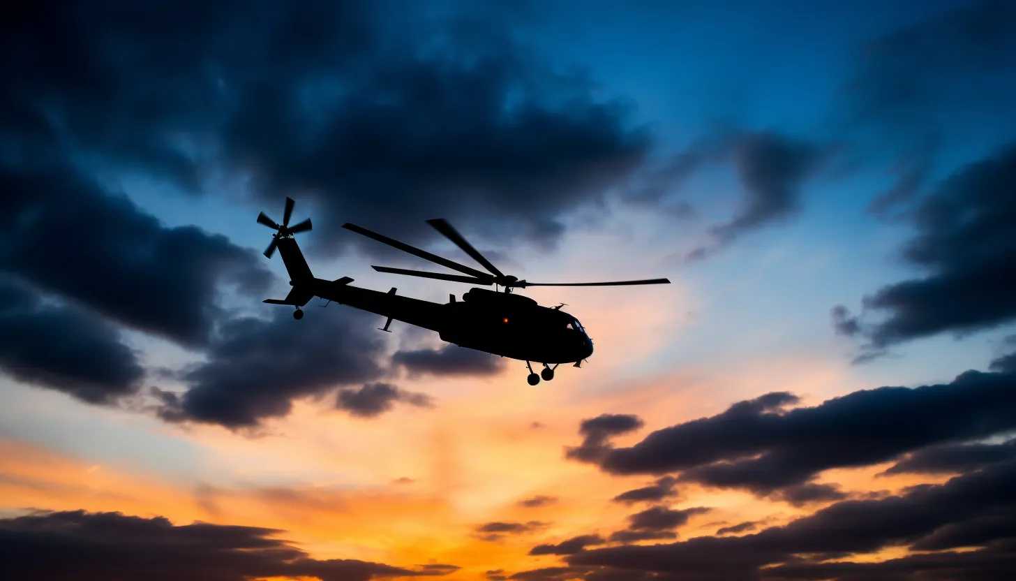 A silhouette image of an Mi-8 helicopter in flight against a dusk sky, taken with a Canon EOS 5D Mark IV