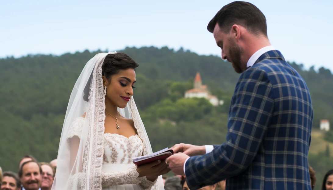 Chris Evans and Alba Baptista exchanging vows in a picturesque outdoor ceremony in Portugal, taken with a Nikon D850