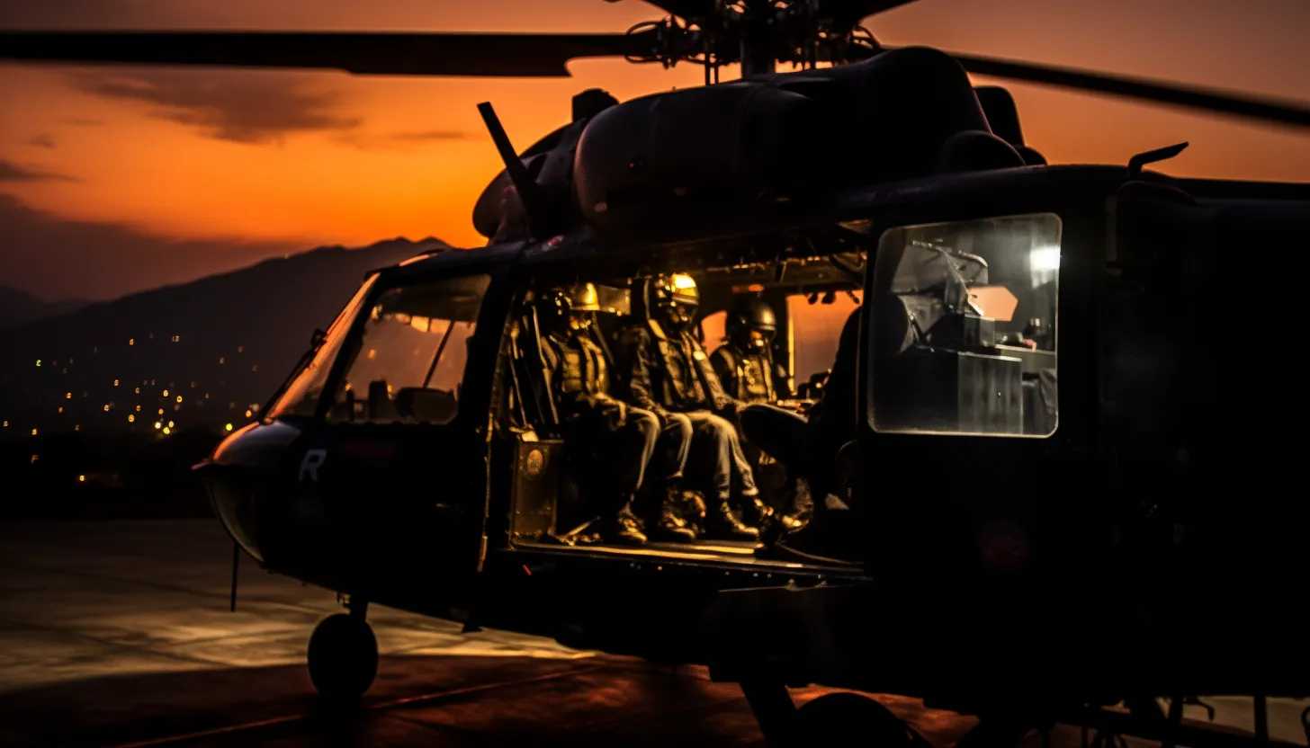 A snapshot of a Lebanese Army helicopter silhouetted against the twilight sky. Focus on the insignia marking the aircraft as military. Taken with Nikon D850.