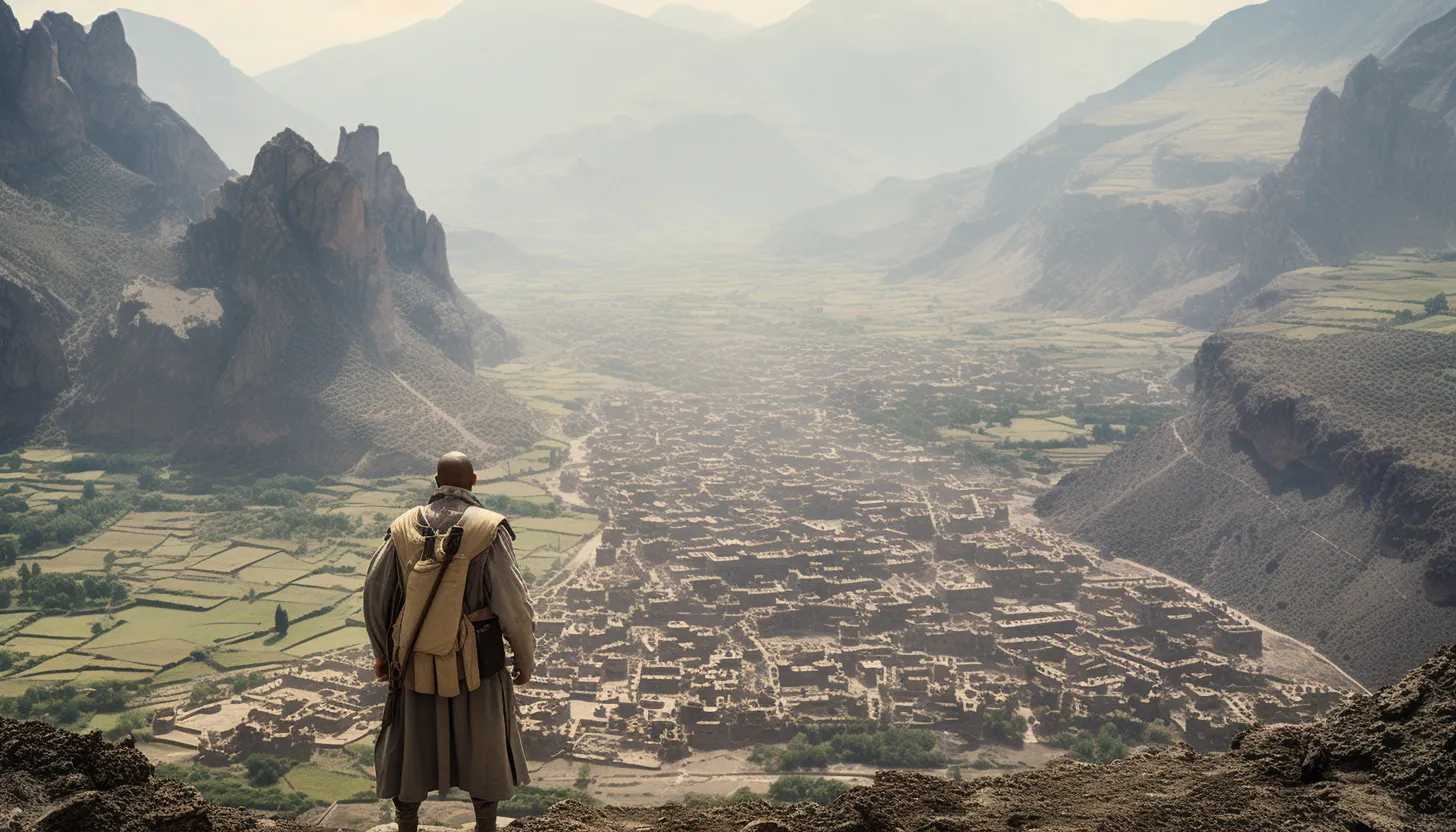 An angled overhead shot of Hammana, showcasing the harsh and rugged mountainous terrain. A dusky hue blankets the town. Set a solitary figure in uniform, symbolic of a soldier, as a tiny speck in the vast landscapes. Taken with Canon EOS 5D Mark IV.