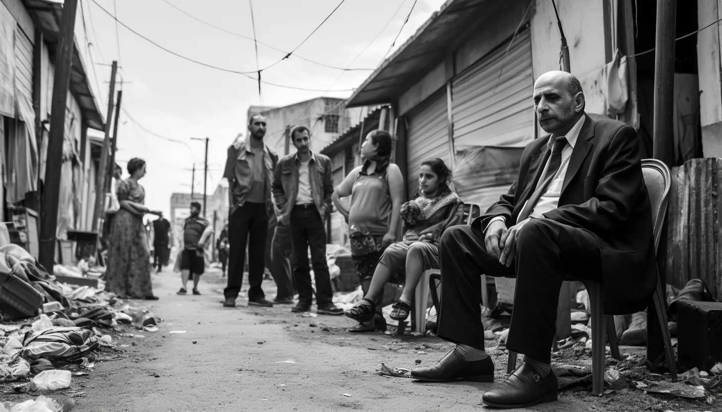 Capturing the grim reality of the economic crisis; a long, winding queue of people outside a ration depot amid rundown buildings, portraying the struggles of modern-day Lebanon. Keep the image monochromatic for added impact. Captured with Sony A7R IV.